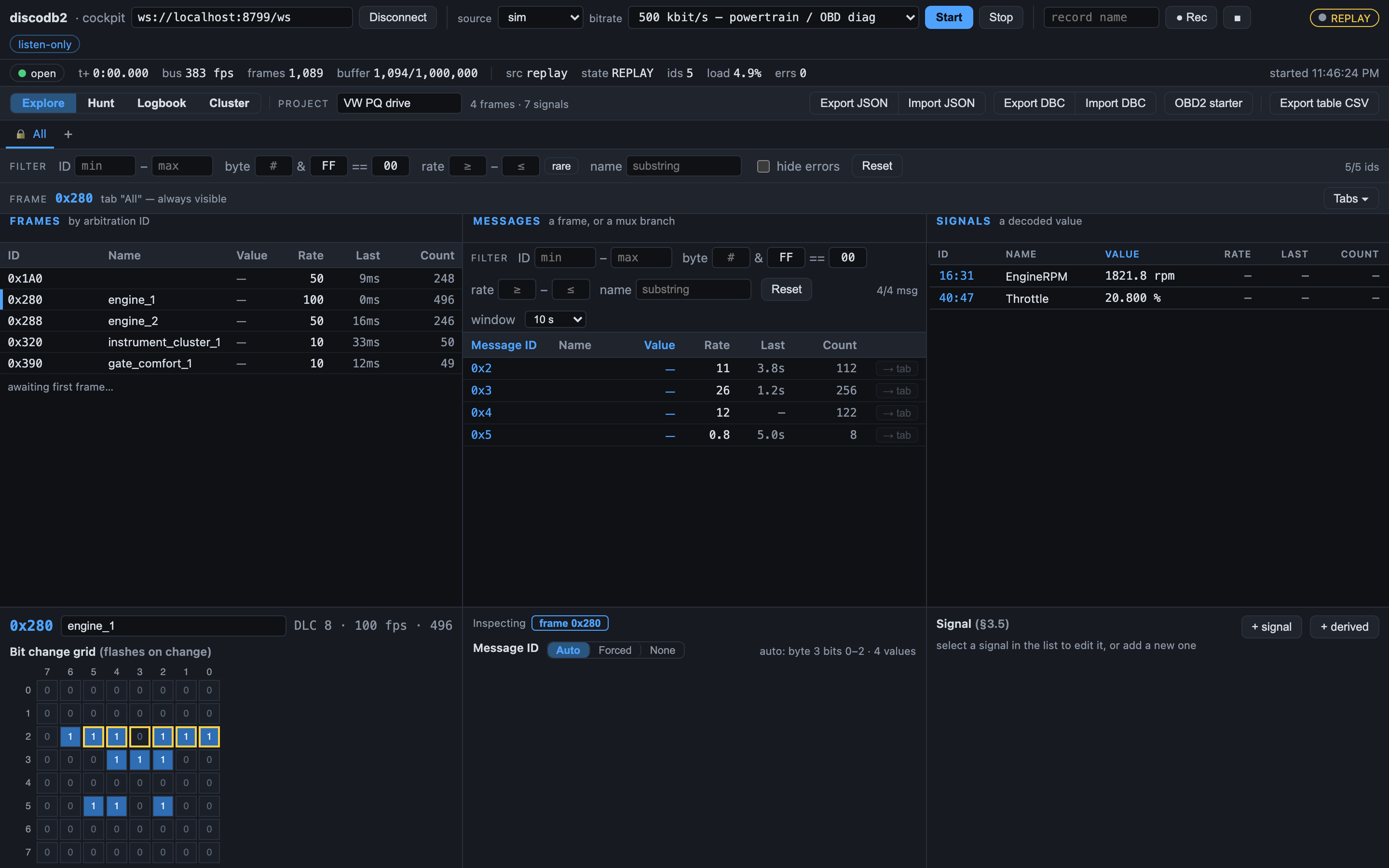 The heavy cockpit client on a laptop, buffering and analysing the stream.